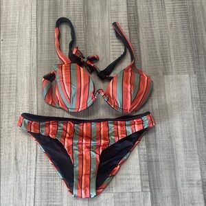 Striped Red and Green Bikini Set